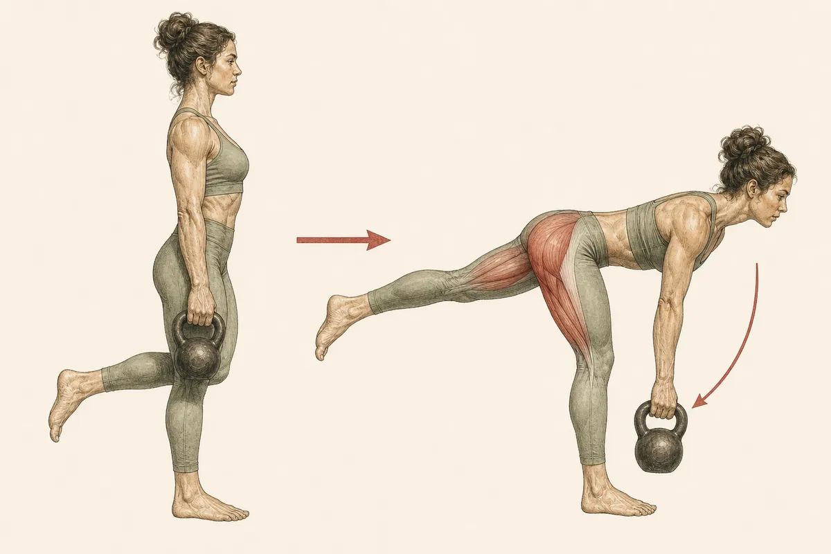 Ilustración en dos tiempos de Peso muerto a una pierna con kettlebell: inicio y final del movimiento