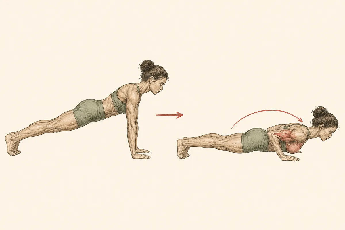 Ilustración en dos tiempos de Flexiones: inicio y final del movimiento