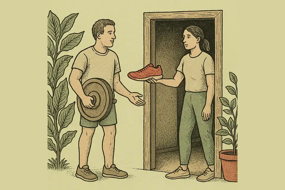 Dos personas adultas, una junto a una pesa de disco y otra con zapatillas de running, ante la puerta de un gimnasio con plantas, en una ilustración de tinta y acuarela