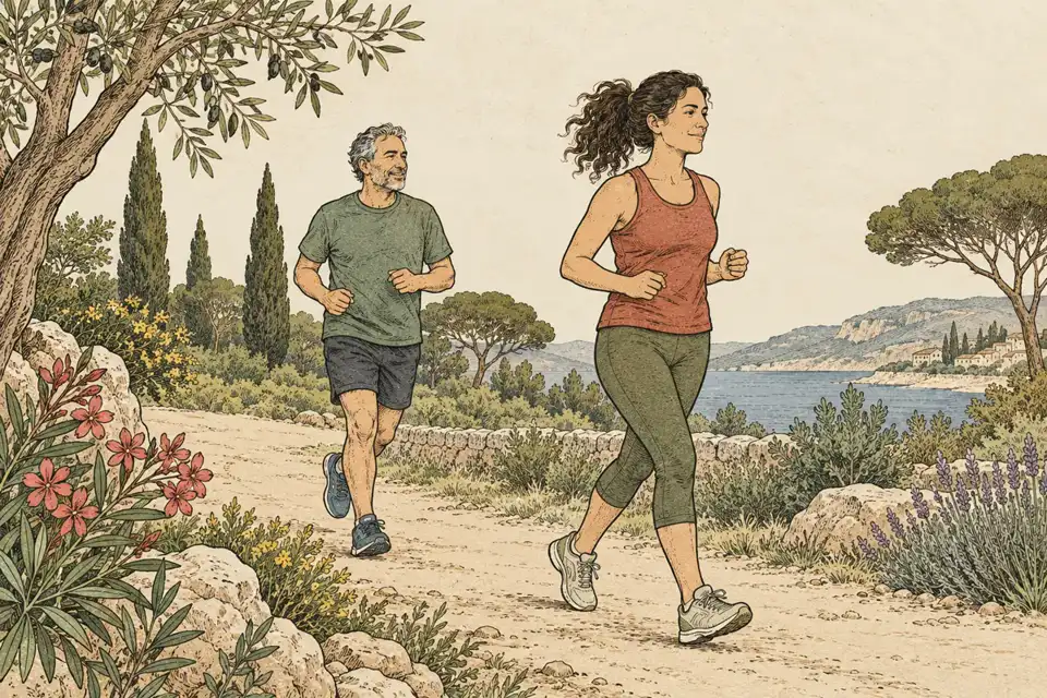 Dos personas adultas corren por un sendero mediterráneo junto al mar, en una ilustración de tinta y acuarela